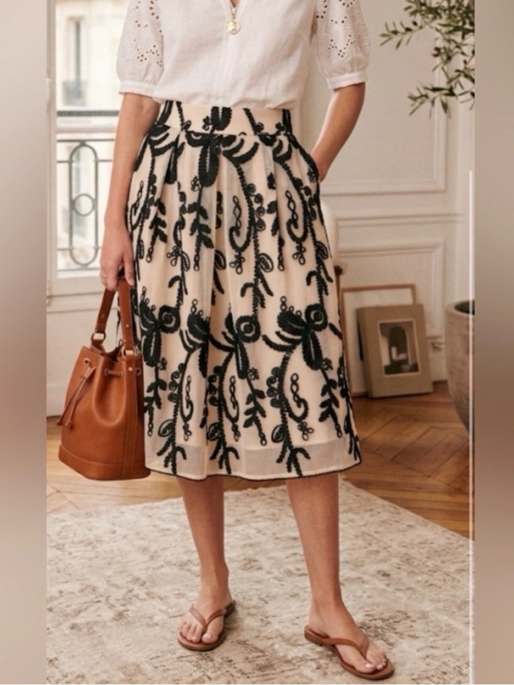 Eva Franco for Anthropologie Cream Midi Skirt with Black Embroidery XS